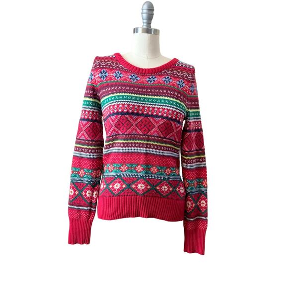 H&M L.O.G.G. Fair Isle Knit Women's Sweater Red Multicolor Size M Jr Pullover - Picture 1 of 6